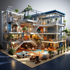 3D image of a building with a sports field and cafe
