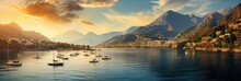A Bustling Marina, Where The Shimmering Sea Meets Majestic Mountains, Generative AI