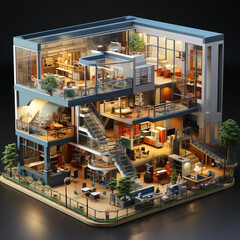 3D image of a building with a sports field and cafe