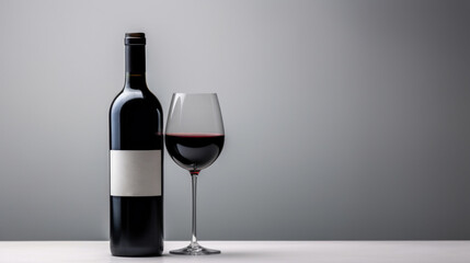 Wall Mural - Red wine bottle with a glass on a simple gray empty background