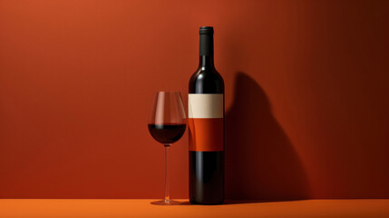 Wall Mural - Red wine bottle with a glass on a simple empty background