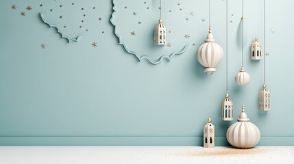 Canvas Print - Eid mubarak with a islamic decorative frame pattern crescent star and lantern on a light ornamental background.