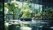Glass office and working space with blurred people walking fast movement, Eco-friendly featuring sustainable building with green environment and trees, green environment in city, Generative AI