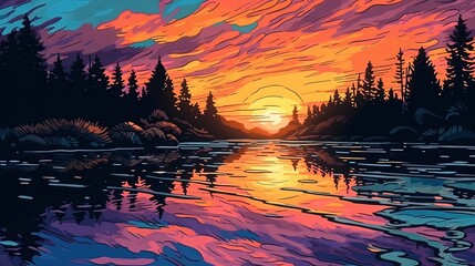 Wall Mural - Tranquil lakeside sunsets. Fantasy concept , Illustration painting.