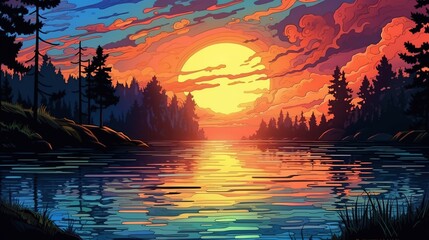 Wall Mural - Tranquil lakeside sunsets. Fantasy concept , Illustration painting.