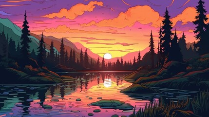 Wall Mural - Tranquil lakeside sunsets. Fantasy concept , Illustration painting.
