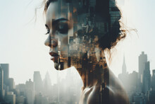 Beauty, Fashion, Make-up, Fine Art Concept. Abstract Minimalist Beautiful Woman Portrait In Glitch Or Double Exposure Effect. Big Cityscape In Exposure Reflection. Muted Pastel Colors. Generative AI