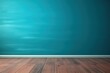 Elegant interior background for presentations, highlighting a turquoise blue empty wall and wooden floor, adorned with intriguing glares from the window, adding a touch of sophistication and interest
