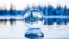Abstract Of Clear Crystal Ball Placed On Water Reflects Forest And Snow