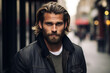 Fashion and lifestyles concept. Beautiful and happy young man close-up outdoors street portrait. Gorgeous model man with beard looking at camera. Urban blurred background. Generative AI