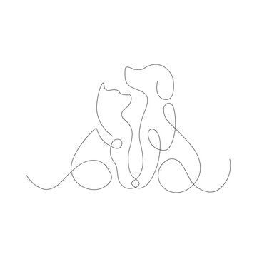 Continuous one line dog and cat animals outline vector art drawing