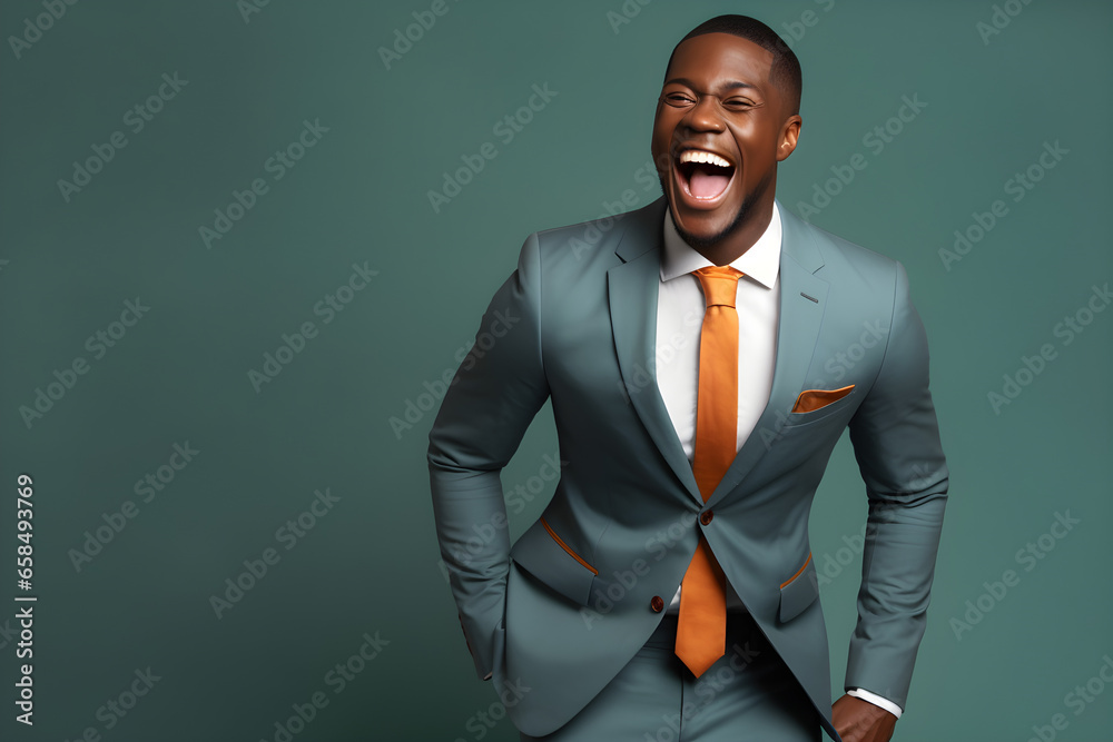 Handsome happy African American man laughing and smiling in blue ...