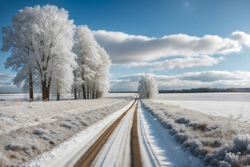 dirt road and snowy under blue sky with white fluffy clouds