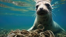 A Sea Seal Swimming Underwater With Garbage And Remnants Of Fishing Nets, Environmental Disaster In Sea.