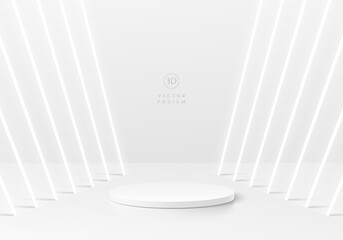 Wall Mural - abstract 3d white cylinder pedestal podium background with perspective neon lighting lines. mockup p