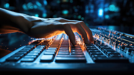 Aufkleber - Focus hand, Hand of programmer on keyboard fingers moving at hyper speed.