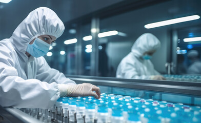 Leinwandbilder - Workers in lab coats and protective gear monitoring the production of medicine on conveyor belts at pharmaceutical factory, Pill bottles.