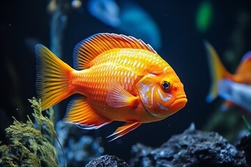 Generative AI : Orange parrot fish in the aquarium. Red Parrot Cichlid. Aquarium fish