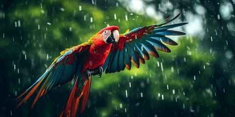 Wall Mural - Generative AI : Red parrot in the rain. Macaw parrot flying in dark