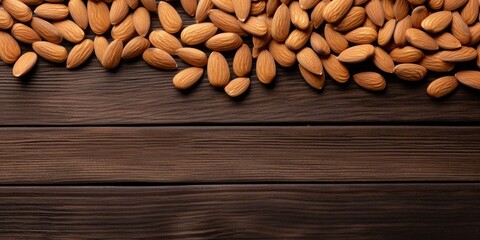 Poster - Generative AI : almond nuts on a wooden table. top view. copy space