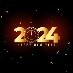 happy new year 2024 party card with golden clock design