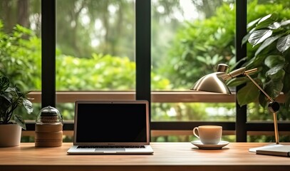 Canvas Print - Laptop with coffee cup on work desk. Modern office workspace with view. Contemporary home setup. Professional workstation. Minimalist and clean. Morning light