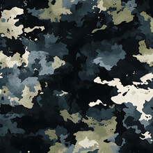 Seamless Rough Textured Military, Hunting Or Paintball Camouflage Pattern In A Dark Black And Grey Night Palette. Tileable Abstract Contemporary Classic Camo Fashion Textile Surface. Generative AI