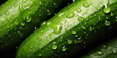 Wall Mural - close up of fresh cucumber plant with water drops over them