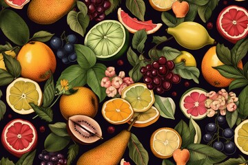 Fruits and berries pattern on a green background. Top view, flat lay