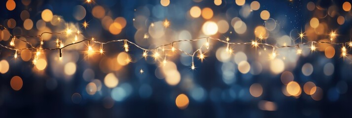 Wall Mural - Christmas garland bokeh lights radiating a magical glow against a midnight blue background, generative AI