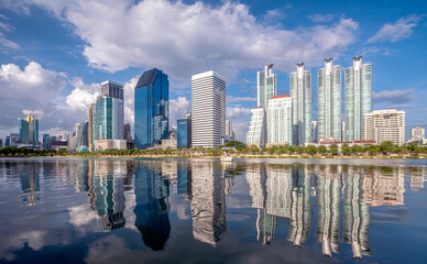 Poster - benjakiti park with blue sky and river in Bangkok city