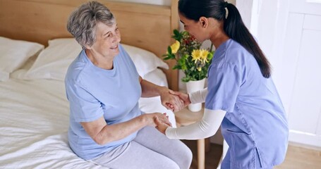 Canvas Print - Old woman, bed or caregiver helping in nursing home, retirement clinic for wellness or support. People, nurse or elderly patient holding hands with doctor or social worker for injury rehabilitation