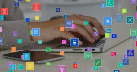 Poster - Animation of connected icons over cropped hands of caucasian man typing on keyboard on laptop