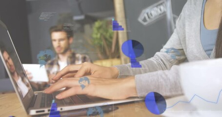 Poster - Animation of multiple graphs, globes, computer language over caucasian woman working on laptop