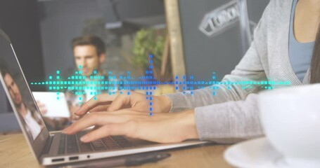 Poster - Animation of soundwave over beautiful caucasian woman working on laptop in office