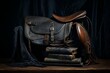 Dark background with equestrian gear: saddle, stirrups, leather, pad. Generative AI