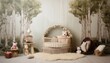 Elegant cradle in soft colors background, backdrop for studio photo baby portrait