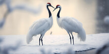 Dancing Pair Of Red-crowned Crane With Open Wings, Winter Graceful Dance Of A Red-Crowned Crane Pair With Wings Outstretched In Winter Wonderland AI Generative 