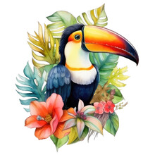 A Toucan With Flowers And Leaves Watercolor Art Illustration