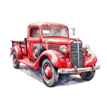A Watercolor Painting Old Red Vintage Truck