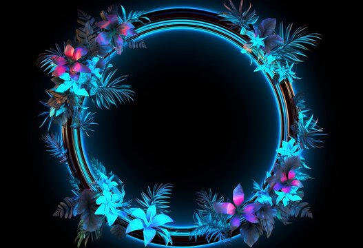 circle neon frame in foliage, in the style of conceptual digital art, exotic atmosphere, enigmatic tropics, dark sky-blue and light sky-blue, dark paradise with tropical leaves. generative AI