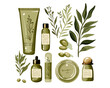 Set of natural care cosmetics with olive extract, eco, organic cosmetics, vector illustration
