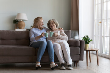 Cheerful older 80s grey haired grandma and grown middle aged daughter enjoying family leisure, meeting at mothers home, drinking tea, coffee, hugging, talking, laughing, having fun