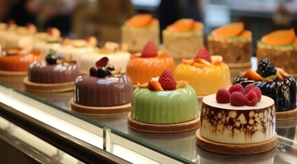 Wall Mural - Small cakes on display at the patisserie counter.