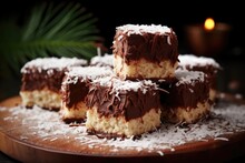Lamingtons, Sponge Cake With Chocolate And Coconut.