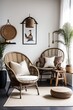 Dark, modern wicker chair in a white living room interior with a wooden bench and decorations made from natural materials. room