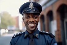 African American Police Officer Smiling At The Camera In An Urban Setting