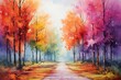 Vibrant watercolor landscape depicting a tunnel of colorful trees. Generative AI