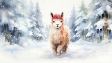 A Painting Of A Llama In A Snowy Forest With Pine Trees.  Generative Ai