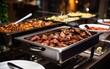 Catering buffet food indoor in restaurant or hotel with grilled meat and vegetables. Variety of street food. Group of people having lunch, banquet, festive event, party, or wedding reception.